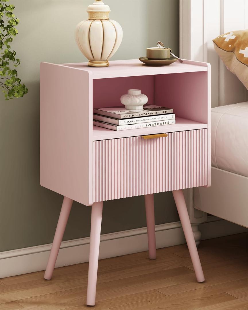 Nightstand, Modern Bedside Table with Storage Drawer and Open Wood Shelf, for Living Room, Bedroom and Small Spaces, Accent Night Stand with Solid Wood Legs, Easy Assembly, Classic Pink