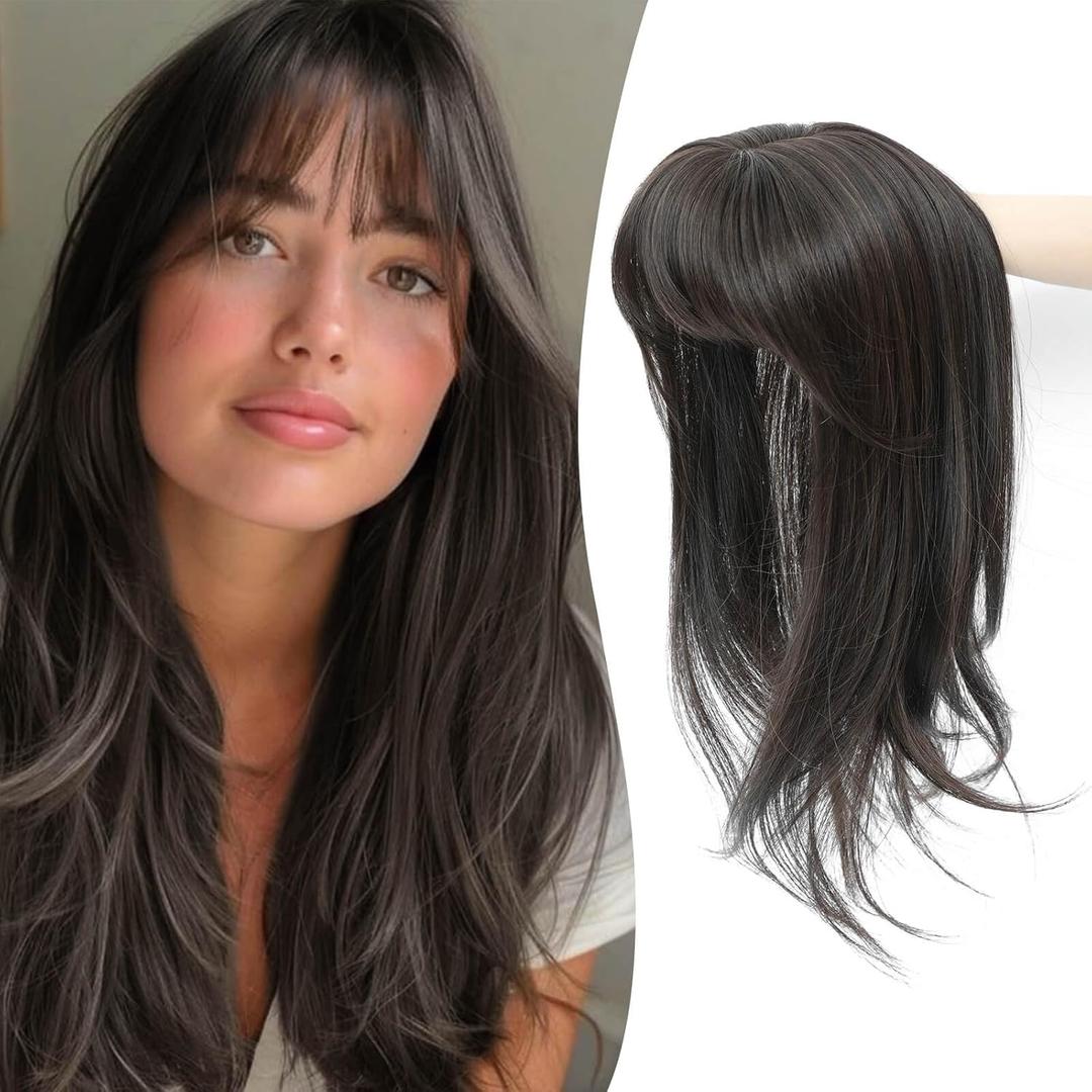 Ms Taj 18 Inch Hair Topper with Clip in Bangs, Synthetic Fluffy 4"x5" Layered Straight Toppers for Women, 360 3D Cover Bangs Hairpiece for Thinning Hair(Dark Brown)