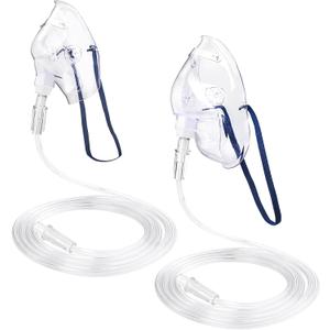 2 Pack Oxygen Mask for Face with 6.6 Ft Tubing and Adjustable Elastic Strap - Adult - Clear Size M L (No Cup)