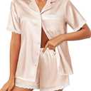 Ekouaer Silk Pajamas for Women Silky Short Sleeve Pj Set Satin Button Down Pjs Lace Trim Shorts Pajamas Set XL