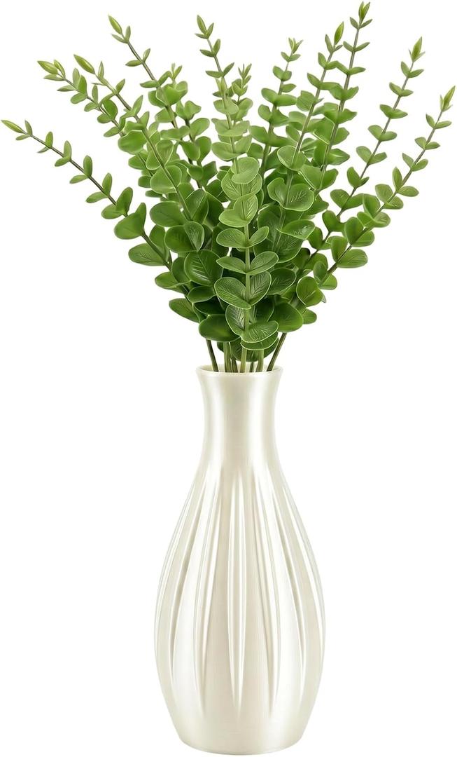 Drop-Resistant Plastic Vase with Fake Plants - Modern Farmhouse Decor Pottery Centerpiece - Small Vase for Living Room Coffee Table Bedroom Kitchen Shelf & Dining Gift