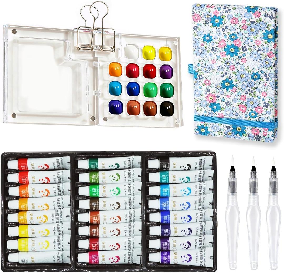 Mini Portable Watercolor Palette Set-Grid Paint Box with Binder Clips Include 24 Colors Paint - Brush*3 and Picture Album Art Materials Coloring Markers for Travel, Creative Drawing Kit for Beginners and Art Enthusiasts(Blue Acrylic-L)