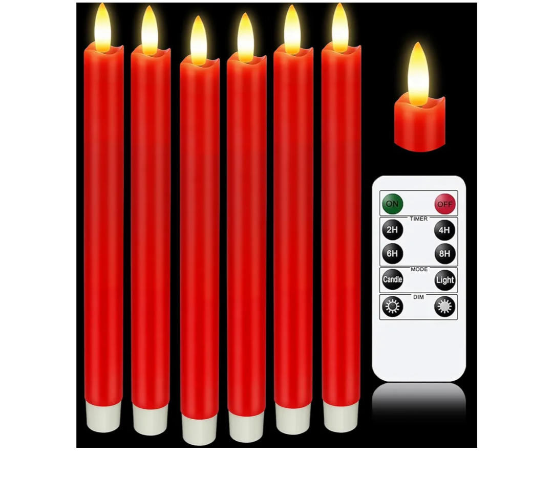 KSWING Upgraded Real Wax LED Flameless Red Taper Candles with Remote, 6 PCS Candlesticks Battery Operated 3D Flickering - 9.6" Long Realistic Fake Candle Sticks for Home/Wedding/Fireplace Xmas Decor