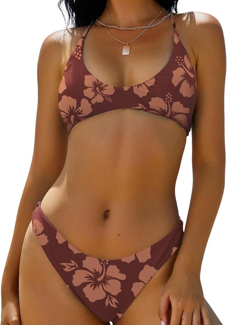 ZAFUL Women's Tie Back Padded High Cut Bralette Bikini Set Two Piece Swimsuit (1-Floral Mocha, S)