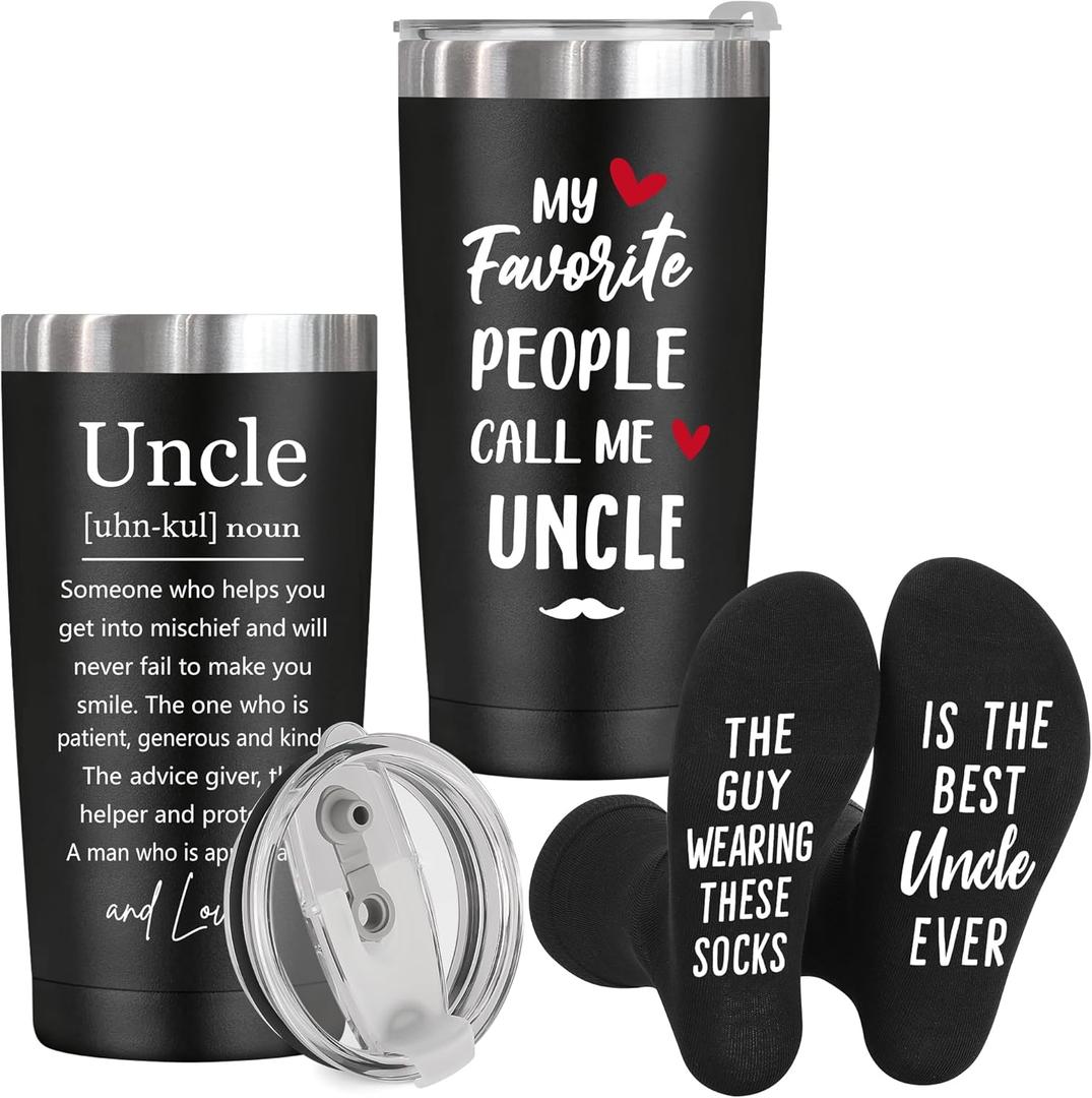Uncle Gifts for Birthday Christmas Fathers Day,Best Uncle Ever Gifts form Niece Nephew,Great White Elephant Present Ideas for Men Him,Funny 20 OZ Stainless Steel Insulated Tumbler Coffee Cup Socks Set