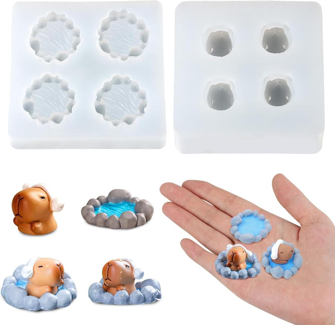 2Pcs Cute Tiny Hot Spring Pool Capybara Shape Resin Silicone Molds Micro Dollhouse Animal Epoxy Casting Mold for DIY Resin Art Fairy Garden Miniatures Landscape Crafts Decor