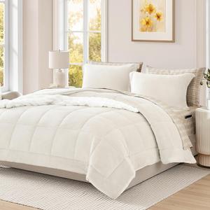 AMBERSPACE Plush Comforter Set Full Size Cream White, Flannel Velvet Comforter Sets 7 Pieces Bed in a Bag, Soft Warm Winter Bedding Set with Sheets, Pillowcases & Shams