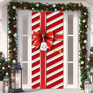 Christmas Door Cover Decoration Merry Box Bowknot Photography Backdrop Outdoor Sign for Home Wall Indoor Outdoor Party 35.4''78.7''(Red)