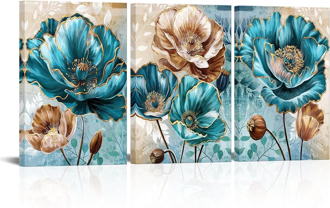 sechars Teal and Brown Wall Decor Turquoise Flower Canvas Art Painting Modern Abstract Floral Picture Artwork Bathroom Decor Framed (Medium)