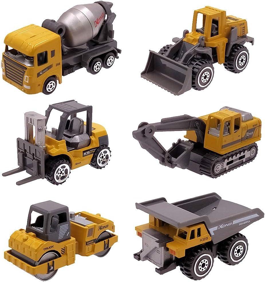 Kids Diecast Construction Vehicles Metal Engineering Cars Set Toys Play Trucks for Boys Age 3 4 Birthday Party Supplies Cake Topper (Pack of 6)
