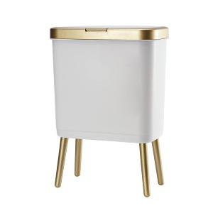 Procade Bathroom Trash Can with Lid, Plastic Garbage Can with Legs, 4 Gallon Gold Trash Bin with Push Button, Narrow White Trash Can Waste Basket for Bedroom, Living Room,OfficeDog Proof Trash Bin