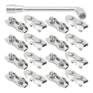16PCS M4 304 Stainless Steel Duplex Wire Rope Clips, Double Bolt Cable Clamps for 1/6" Diameter Wire Cable, 2-Post Clamp with Lock Nuts for Rigging Applications