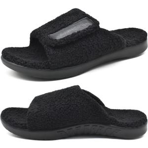ONCAI Mens House Slippers with Arch Support，Fur Slides with Orthopedic for Plantar Fasciitis Footbed and Adjustable Strap Black, Size 15