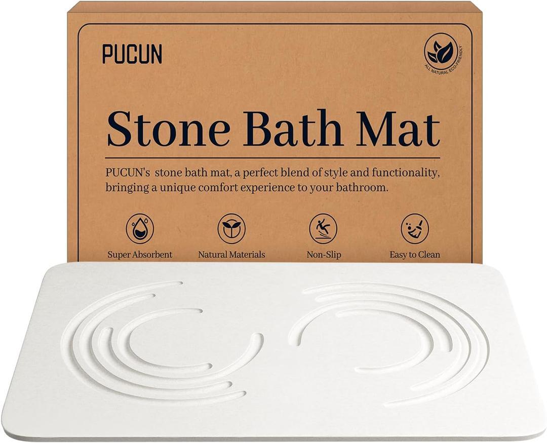 Stone Bath Mat Diatomaceous Earth Shower Mat,Quick Drying Diatomite Bath Stone Mat for Bathroom Floor -Super Absorbent,Natural, Easy to Clean(White) (1'4" x 1'11" (Rectangular))
