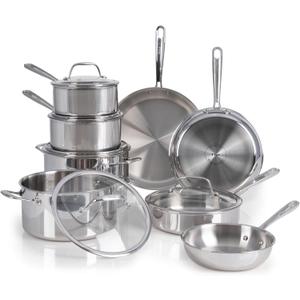 T-fal Pro Tri-Ply Stainless Steel Cookware Set 13 Piece Induction Compatible, Oven Safe 500F, Lids 350F, Fast & Even Heat, Pots and Pans Set, Professional Quality, Kitchen Essentials, Silver