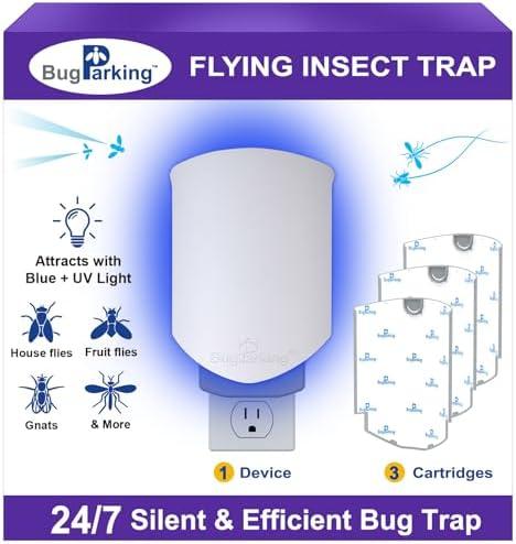 Flying Insect Trap for Indoors: Light Trap Captures Fruit Flies, Gnats, and Houseflies, Silent Bug Catcher with UV Light for Indoor-Plants, Kitchen, BUG PARKING 1 Plug-in Device + 3 Cartridge Refills