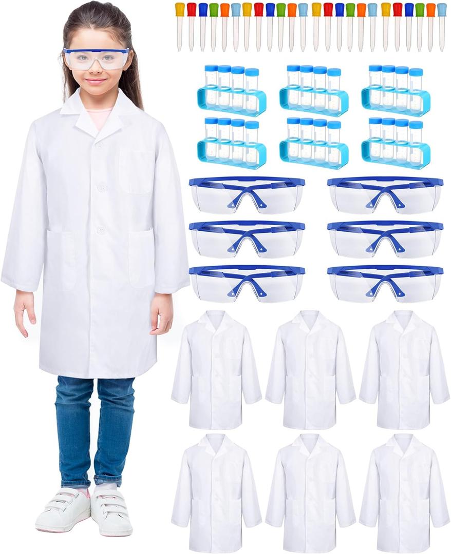 Unittype 6 Set 66 Pcs White Kids Lab Coats Bulk Children Girl Doctor Scientist Costume Lab Coat Goggles Test Tube Eyedropper(M)