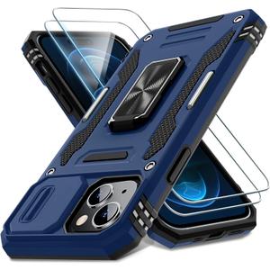 DEERLAMN Case for iPhone 15 with Slide Camera Cover + Screen Protector (2 Packs), Rotated Ring Kickstand Military Grade Shockproof Protective Cover-Navy Blue