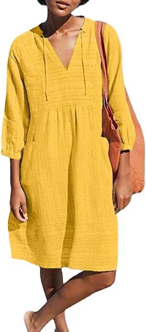 Lafural Womens V Neck Cotton Casual Loose Shift Tunic Smock Summer Dresses Vacation Dress 3/4 Sleeve Pocket (Yellow, M)