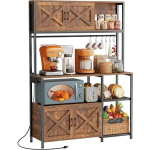 Huuger Large Bakers Rack with Power Outlet, Kitchen Microwave Stand with Cabinets, Coffee Bar Table Station with Storage, 6 S-Shaped Hooks, Mesh Shelves, 45 Inch Wooden Top, Rustic Brown