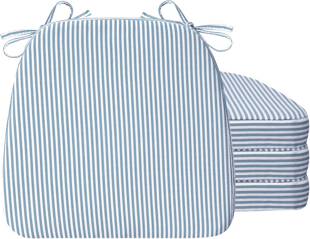 AAAAAcessories D-Shaped Chair Cushions, 2" Thick Dining Chair Pads with Ties and Removable, Machine-Washable Cover, 17" x 16", Set of 4, Pinstripe Blue