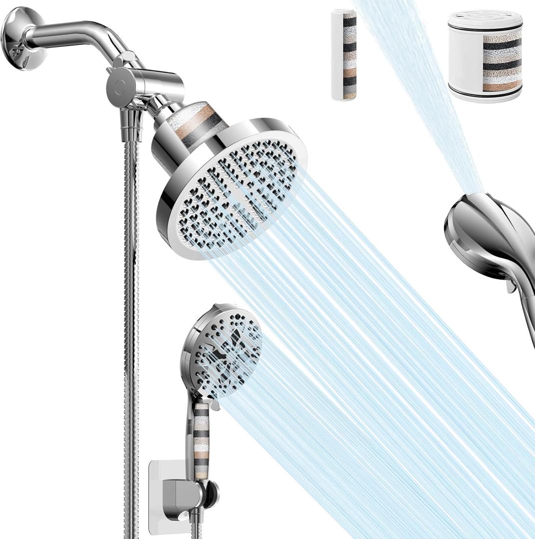 High Pressure Filtered Shower Head Combo with Handheld Spray, 6" Rain Shower Head & 5" Handheld Shower Head with Filters, 69" Stainless Steel Hose - Dual Shower Head Set for Bathroom Home (Silver)