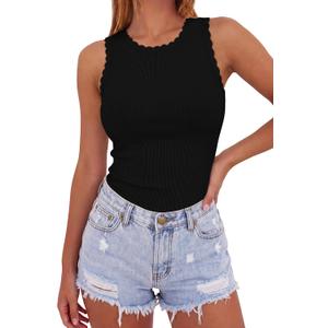 Sampeel Womens Tank Tops Fitted Sleeveless Ruffle Crew Neck Ribbed Knit Shirts 2026 Cute Summer Fashion Clothing (XL)