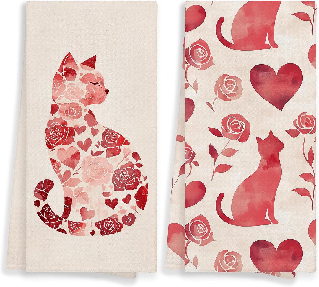 Cat Kitchen Towels Set of 2, Cat Gifts for Women, Red Hearts Floral Hand Towel for Bathroom, Vintage Red and White Kitten Decorative Hand Tea Dish Towels for Kitchen Decor 16x24in