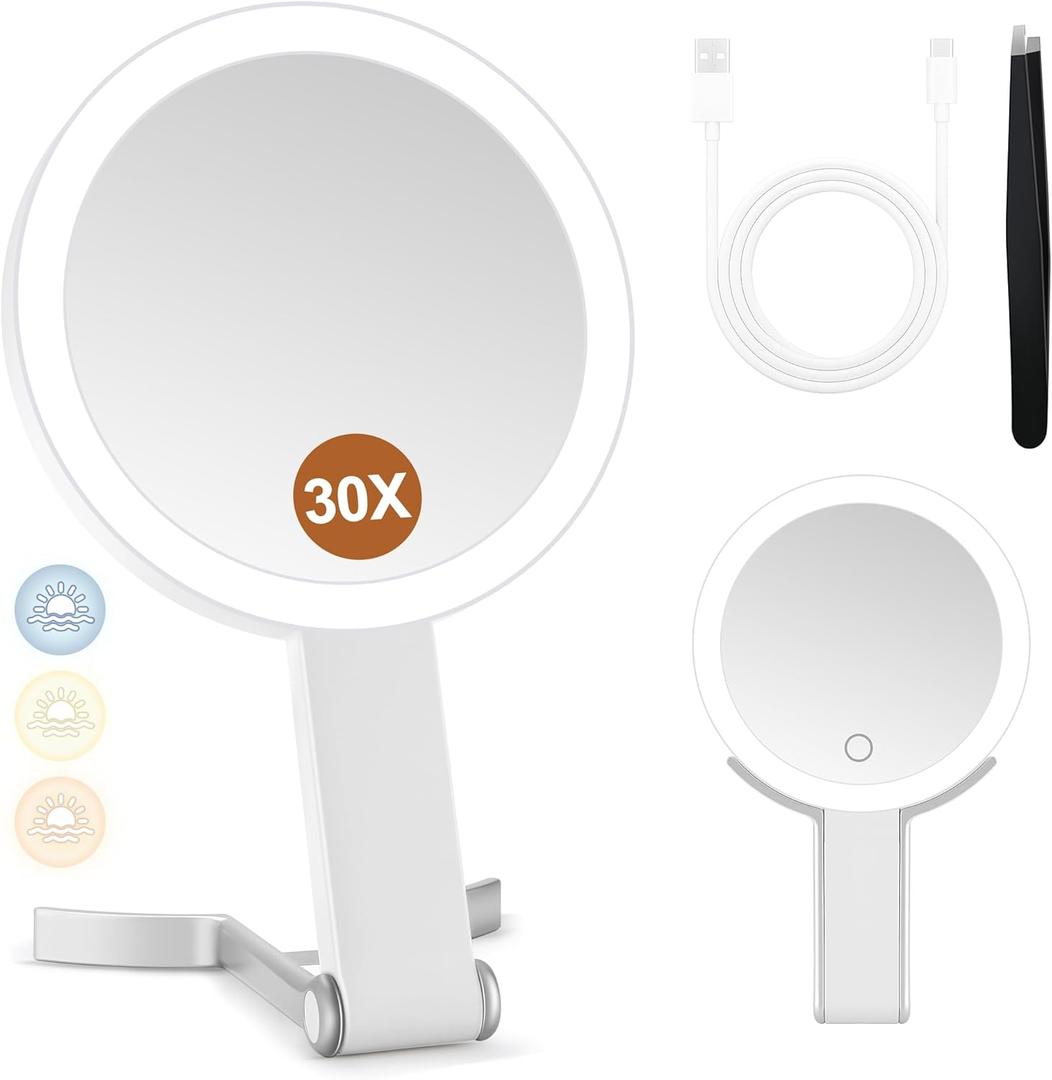 MIYADIVA Magnifying Mirror with Light, Double Sided 30X/1X Lighted Travel Makeup Mirror with Magnification, 3 Color Lighting, Dimmable Touch Screen, Adjustable & Foldable Hand Mirror (White)