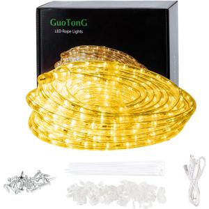 50ft/15m Plug in LED Rope Lights, 540 Warm White LEDs, 110V, Waterproof, Connectable,Power Socket Connector Fuse Holder, Indoor/Outdoor Use, Ideal for Backyards, Decorative Lighting