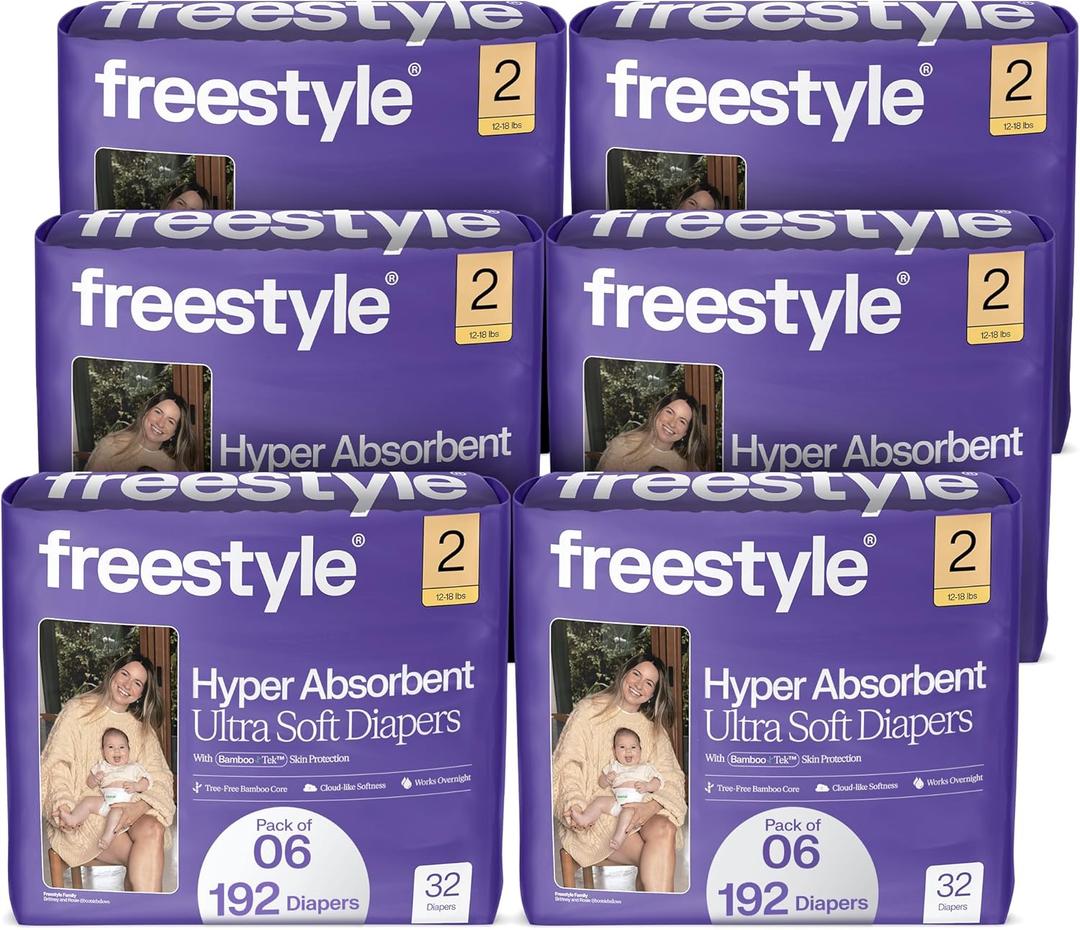 Freestyle BambooTek Diapers  (Size 2) Hyper Absorbent & Non-Toxic  Disposable Diapers for Sensitive Skin  Ultra Soft Diapers (12-18 lbs)  192 Count