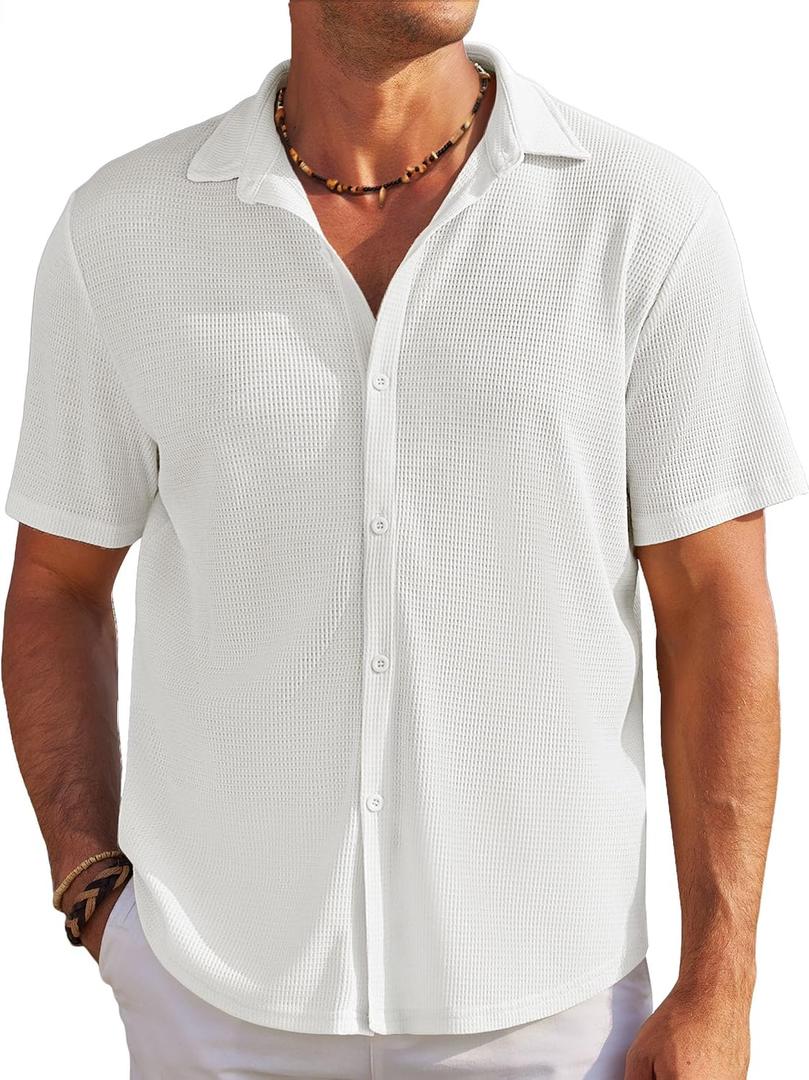 COOFANDY Men's Casual Shirts Short Sleeve Waffle Knit Button Down Shirt Wrinkle Free Summer Beach Tops (XXL)