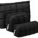 3 Pcs Puffy Makeup Bag Quilted Cosmetic Pouch for Women Cute Checkered Travel Toiletry Bag Puffer Makeup Organizer Purse Pouch Preppy Pencil Case with Zipper (Black)