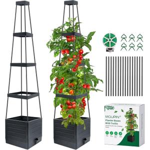 MQUPIN 2 Pack Tomato Planter with Trellis, 57" Self-Watering Raised Garden Bed Planter Box for Climbing Plants Vine Flowers Vegetables, Tomato Cage for Indoor Outdoor Patio Greenhouse