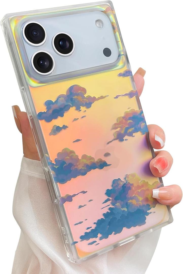 Cute Case for iPhone 17 Pro Max Case for Women Girls with Iridescent Cloud Pattern Design, Aesthetic Trendy Girly Matte Glitter Sparkly Rainbow Rectangle Protective Phone Cover, Sun Set Sky