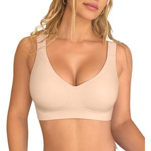OQQ Womens Seamless Everyday Bra No Underwire Comfort Push Up Bras V Neck Soft Wireless Bralette Full Coverage Sport Bra (Medium, Nude)