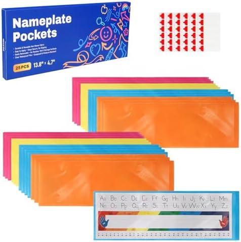 Nameplate Pocket, Name Tag Pockets for Desks, 13.8" x 4.7" Non-Woven Fabric Adhesive Clear Nametag Sleeves Covers for Student Desks, Classroom Suppliers (25 PCS) Pack of 4