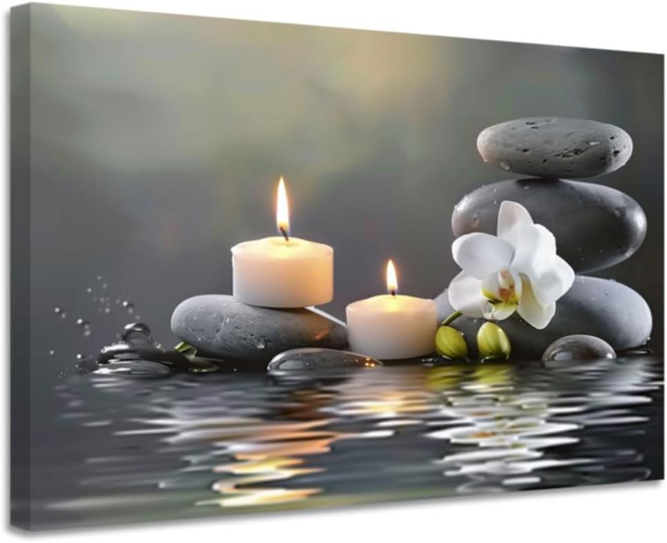 CGXLB Zen Stone Wall Art Candles & Orchid Painting Serene Water Decor for Spa Bathroom Bedroom Meditation Room 16"x24"