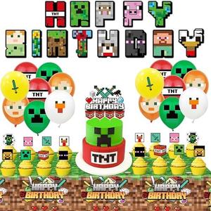 Pixel Miner Gaming Party Supplies, Pixel Miner Birthday Decorations Set - Video Game Themed Balloons, Toppers, table cloth and more Gamer party decorations