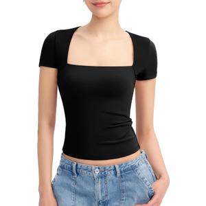 PUMIEY Women's Short Sleeve T Shirts Square Neck Going Out Tops Slim Fit Basic Tee Smoke Cloud Pro Collection (Large, Jet Black)
