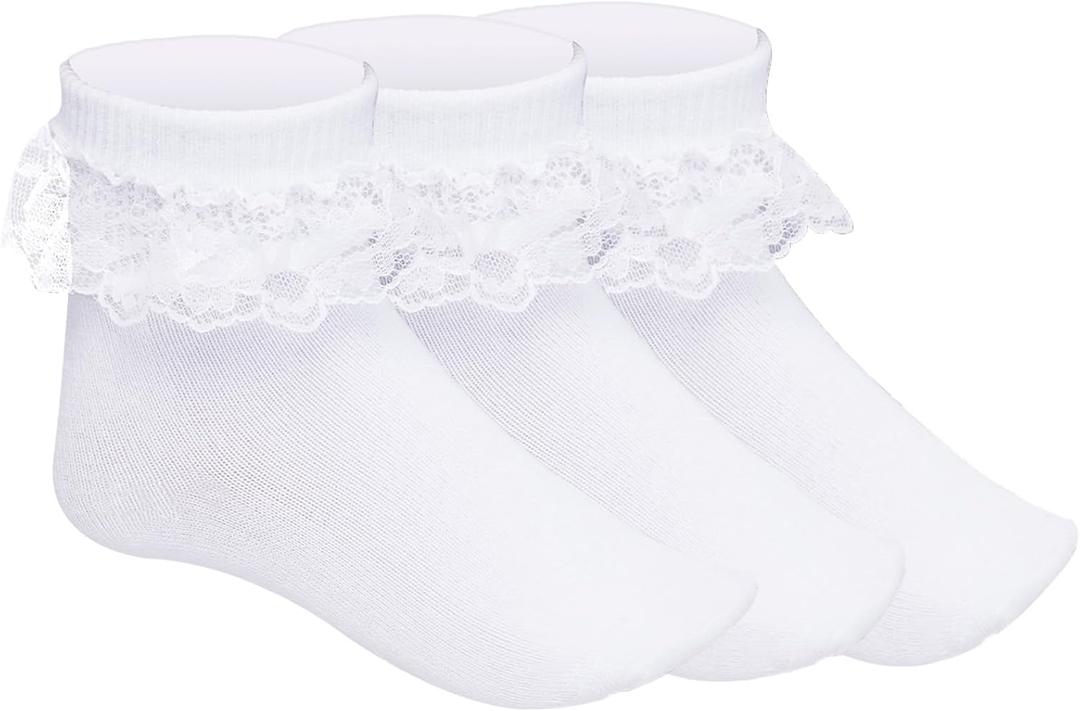 Pistha 3 Pairs Girls Ruffle Socks White Ruffled Lace Socks for Girls Toddler Frilly Dress(Aged 1-2 years)