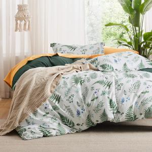 Bedsure Duvet Cover Queen Size - Reversible Plants Duvet Cover Set with Zipper Closure, 3 Pieces Green Bedding Set with 8 Corner Ties and 2 Pillow Shams 20"x26"