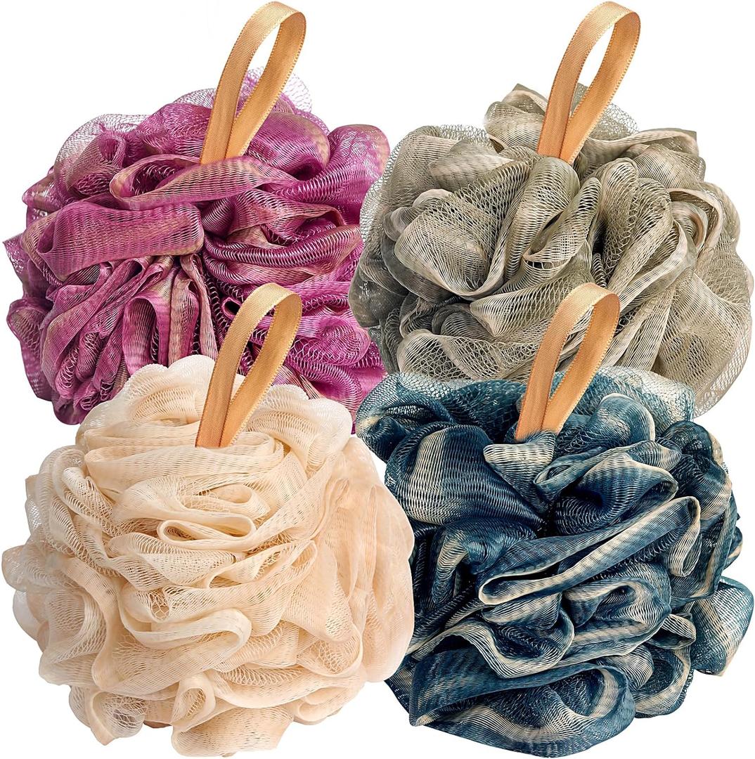 Fishent Loofah Bath Sponge Shower Loofahs, 4 Pack 50g Soft Loofa Exfoliating Body Scrubber Mesh Shower Puff Pouf Ball Luffa for Men and Women(50g/pcs)