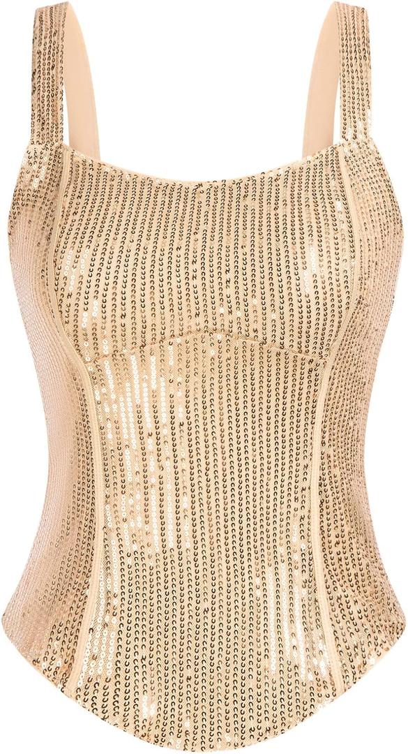 Women Bustier Corset Top Sequin Sexy Slim Tank Top Champagne Summer Sleeveless Party Square Neck XL