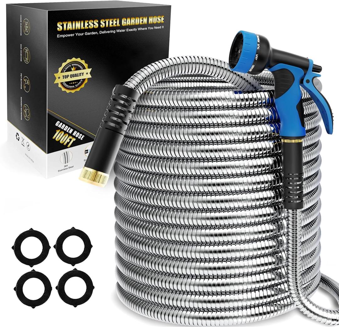 Lefree Garden Hose 100ft, Metal Garden Hose, Flexible Water Hose with 10-Function Nozzle, Stainless Steel Heavy Duty Hose, Crush Resistant, Leak Proof, No Kinks Garden Hoses for Yard, Outdoors, Rv (Silver) Lefree Garden Hose 100ft, Metal Garden Hose, Flexible Water Hose with 10-Function Nozzle, Stainless Steel Heavy Duty Hose, Crush Resistant, Leak Proof, No Kinks Garden Hoses for Yard, Outdoors, Rv (Silver)