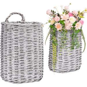 Coloch Set of 2 Wall Hanging Wicker Basket, Farmhouse Garden Hanging Planter Decorative Front Door Hanger Woven Rattan Flower Basket for Wall, Door, Living Room, Patio, 2 Sizes