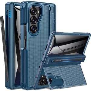 Caka for Samsung Galaxy Z Fold 6 Case [Thinner S Pen Holder] [Hidden Kickstand] [Hinge Protection] [Screen Protector] Shockproof Hard Phone Cover with Anti-Slip Textured for Fold6 - Privacy Blue