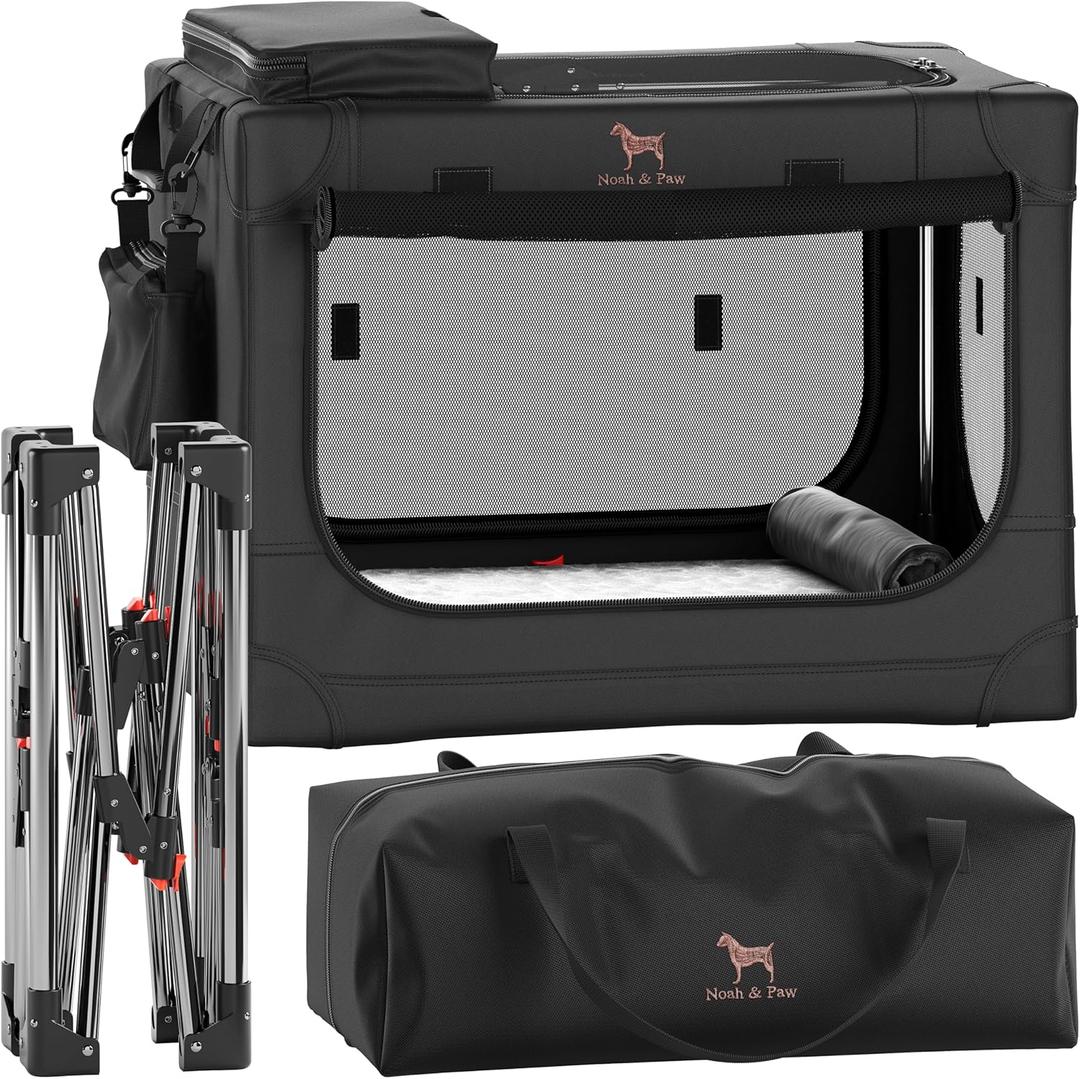 Noah & Paw Collapsible Dog Crate 26 Inch, Small Dog Crate for Small Medium Breeds, Travel Kennel for Car, Including Pet Mat for Pet Cage, 2 Storage Pockets, Handbag, 10mm Locking Zipper 26 * 17 * 17 (Black)