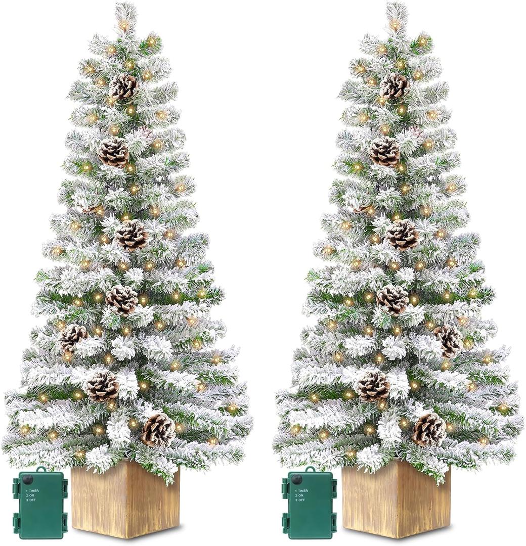 2 Pack 4 Ft Snow Flocked Christmas Entrance Tree, Artificial Xmas Tree with 60 LEDs Warm White Light Battery Operated 140 Branches 14 Pinecone Potted Tree for Outdoor Front Door Porch Home Decoration