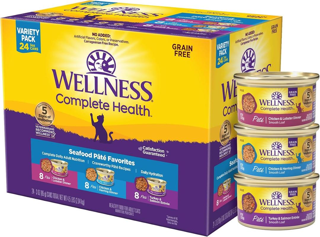 Wellness Complete Health Pate Variety Pack Adult Canned Wet Cat Food, Natural, Protein Rich, Grain Free, Seafood Favorites, 3 oz, Pack of 24 Cans (EXP 11/06/28)